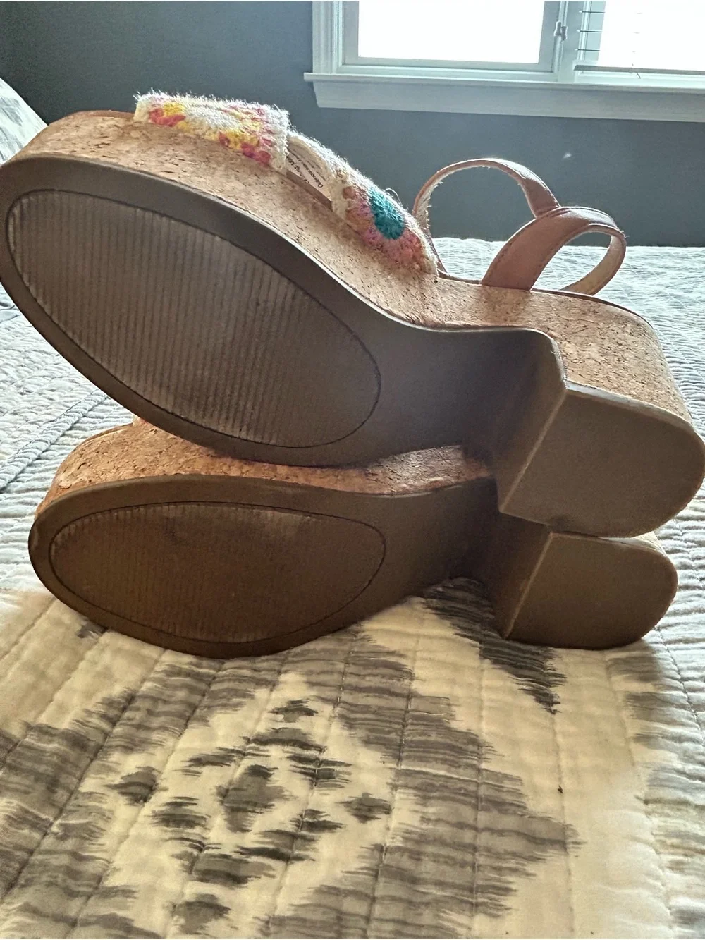 SO Tan Wedge Sandals with Multicolor Crochet Accents